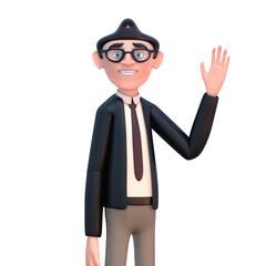 3d render of businessman in black suit waving hand in greeting gesture, welcome sign