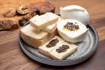 Italian cheese collection, yellow taleggio cheese and mozzarella with black truffles mushrooms