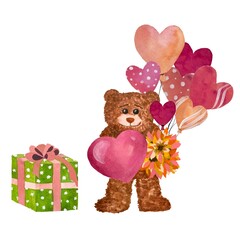 Bear brown flower heart gift box watercolor