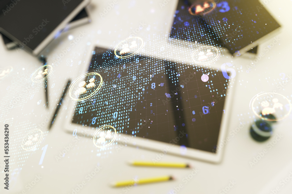Poster double exposure of social network icons concept with world map and modern digital tablet on backgrou