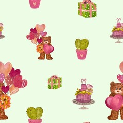 Bear heart cactus gift green pattern watercolor