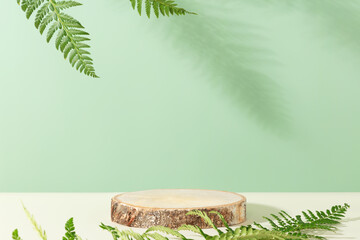 Wood slice podium on green background for cosmetic product mockup
