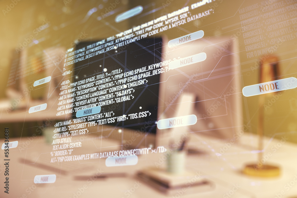 Aufkleber double exposure of abstract programming language on laptop background, research and development conc