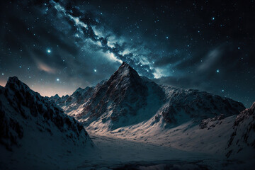 Plakat snow covered mountains,mount hood state,snow covered mountain,snow covered mountains in winter,mountains in the night,landscape in the night,the galaxy