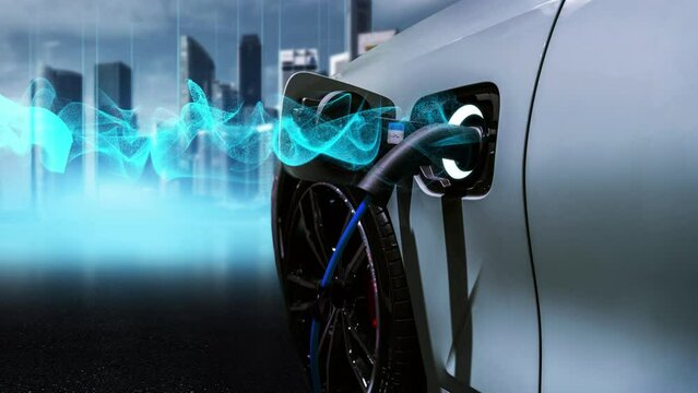 Power supply connected to electric vehicle charge battery. EV charging station for electric car or Plug-in hybrid car.