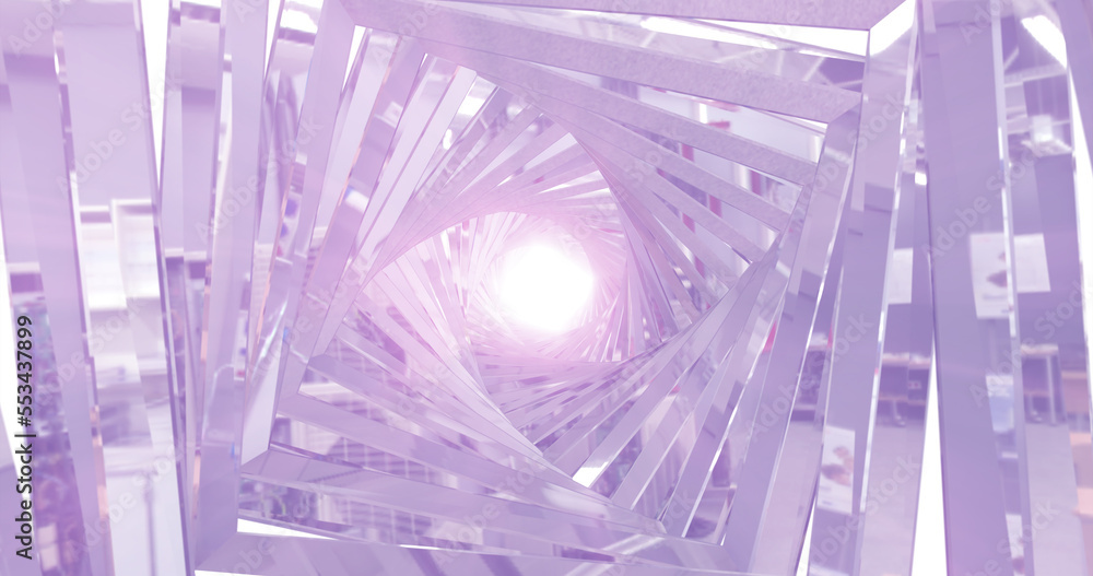 Poster a rotating silver metallic chrome-plated shiny tunnel with walls of ribs and lines in the form of a 