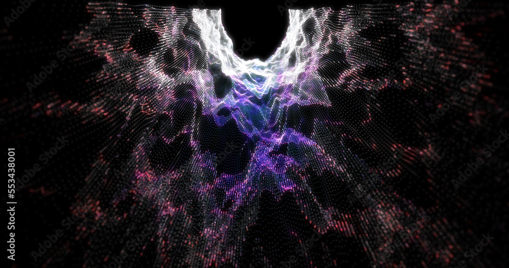 Poster dark glowing purple bright shiny tunnel energetic pulsing of particles and lines background abstract