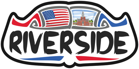 Riverside USA United States Flag Travel Souvenir Sticker Skyline Logo Badge Stamp Seal Emblem Vector