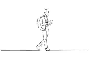 Cartoon of businessman using phone walking commuting to work with backpack bag. Single line art style