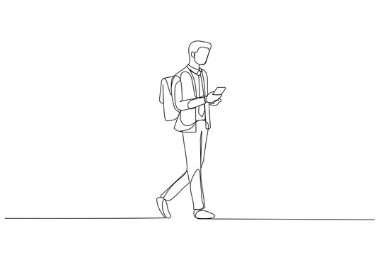Cartoon of businessman using phone walking commuting to work with backpack bag. Single line art style