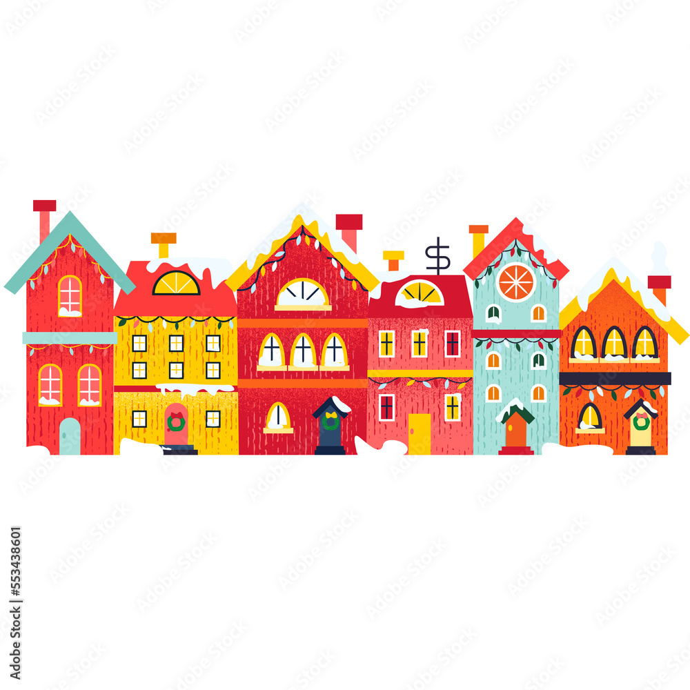 Sticker Winter Houses Concept. Illustration of Seasonal Greetings. Holiday Celebration.