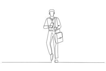 Cartoon of successful businessman in office clothes holding smartphone and laptop bag. One continuous line art style
