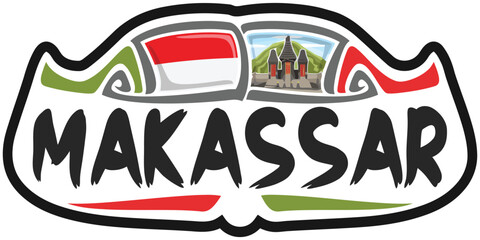 Makassar Indonesia Flag Travel Souvenir Sticker Skyline Landmark Logo Badge Stamp Seal Emblem EPS