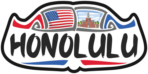 Honolulu USA United States Flag Travel Souvenir Skyline Landmark Logo Badge Stamp Seal Emblem EPS