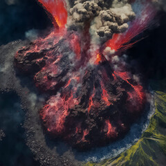 An erupting volcano spews lava from its peak.