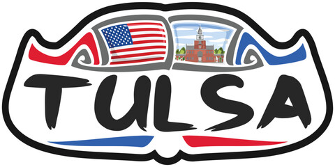 Tulsa USA United States Flag Travel Souvenir Sticker Skyline Landmark Logo Badge Stamp Seal Emblem
