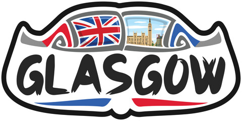 Glasgow UK United Kingdom Flag Travel Souvenir Sticker Skyline Landmark Logo Badge Stamp Seal Emblem