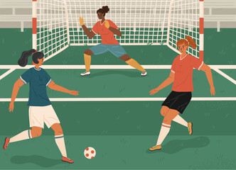 Girls playing soccer concept vector illustration. Women football sport team. Female soccer player kick the ball
