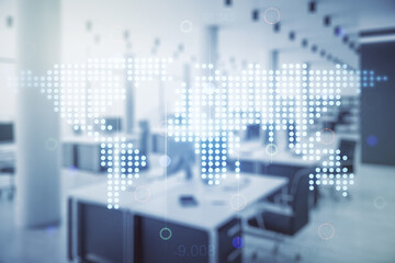 Abstract creative world map interface on a modern furnished office background, international trading concept. Multiexposure