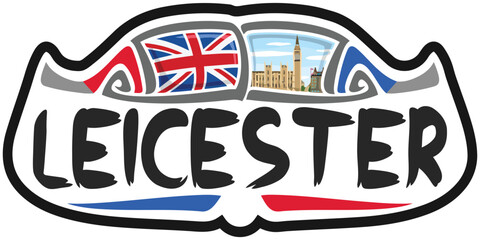 Leicester UK United Kingdom Flag Travel Souvenir Sticker Skyline Landmark Logo Badge Stamp Seal
