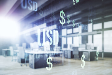 Double exposure of virtual USD symbols hologram on modern corporate office background. Banking and investing concept