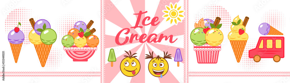 Poster set of ice cream objects, emoji in simple minimal style. radial background with lace band, text and 