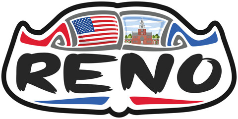 Reno USA United States Flag Travel Souvenir Sticker Skyline Landmark Logo Badge Stamp Seal Emblem