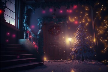 The Magic Snowy House. Christmas tree, streaks of light, night. Ai Generative