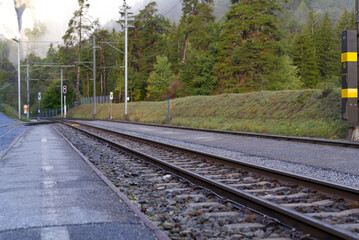 Railway station Versam-Safien, Canton Graubünden, on a blue cloudy autumn morning. Photo taken September 26th, 2022, Versam-Safien, Switzerland.