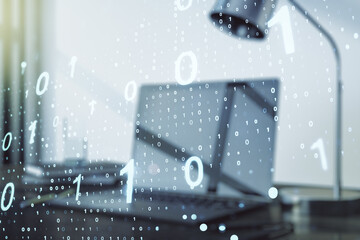 Creative concept of binary code illustration on modern laptop background. Big data and coding concept. Multiexposure
