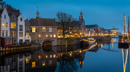 Evening in the historical harbor of Delfshaven, which is a borough of Rotterdam, The Netherlands