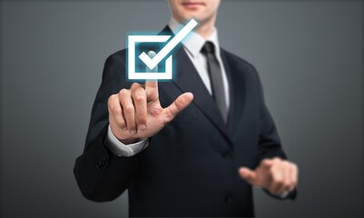 Business person hand and digital correct sign