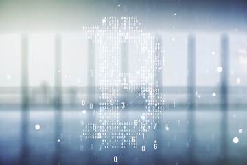 Virtual Bitcoin hologram on empty corporate office background. Multiexposure
