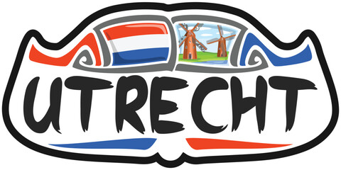 Utrecht Netherlands Flag Travel Souvenir Sticker Skyline Landmark Logo Badge Stamp Seal Emblem EPS