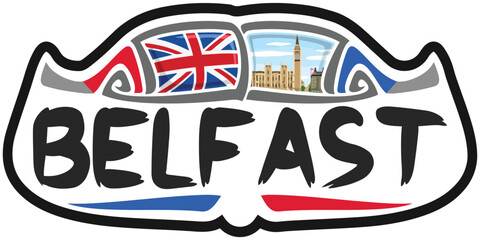 Belfast UK United Kingdom Flag Travel Souvenir Sticker Skyline Landmark Logo Badge Stamp Seal Emblem