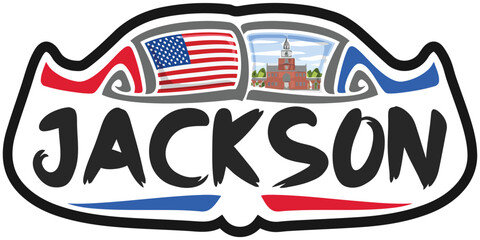 Jackson USA United States Flag Travel Souvenir Sticker Skyline Landmark Logo Badge Stamp Seal Emblem