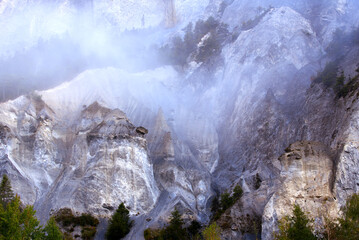 Beautiful rock formation with fog at gorge of Anterior Rhine Valley at Versam, Canton Graubünden,...