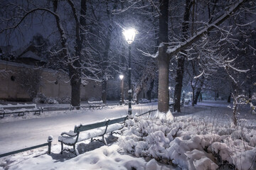 A snow-covered park in Krakow captured at night. Thanks to the large amount of snow, a fairy-tale...