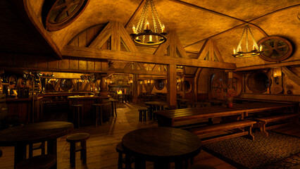 Medieval tavern bar interior with cosy atmospheric candlelight and open fire. 3D rendering.