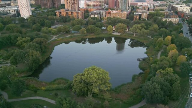 4K Rotating Aerial View Of Loring Park Pond At Sunset Minneapolis