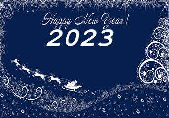 Fototapeta na wymiar Happy New Year 2023 beautiful background with snowflakes. Banner. Santa on a sleigh and reindeer team. Original abstract digital illustration template design. Postcard, cover