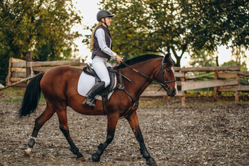 A young beautiful woman jockey is preparing for a show jumping competition. A woman rider rides a brown racehorse.