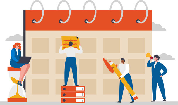 Flat vector illustration. The concept of business planning, time management. One person leads a team and schedules time