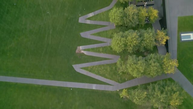 4K Aerial View Looking Down At Zigzag Path At Walker Art Center Minneapolis