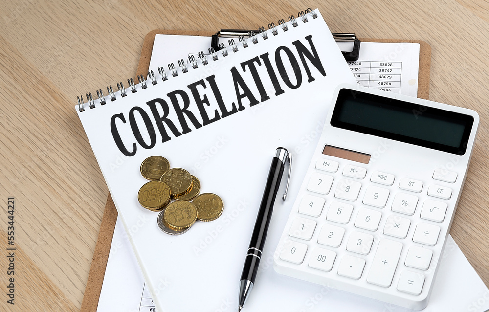 Poster correlation text with chart and calculator and coins , business concept