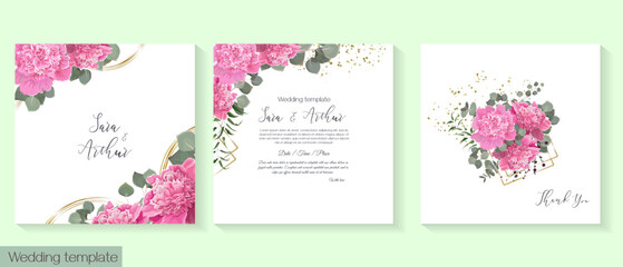 Floral design for wedding invitation. Golden geometric shapes, Pink peonies, green plants, eucalyptus.