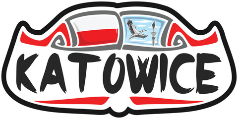 Katowice Poland Flag Travel Souvenir Sticker Skyline Landmark Logo Badge Stamp Seal Emblem EPS