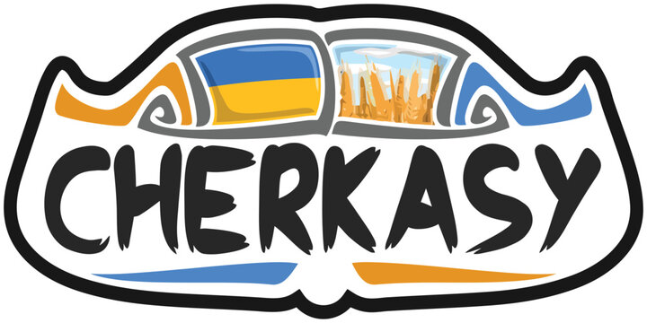 Cherkasy Ukraine Flag Travel Souvenir Sticker Skyline Landmark Logo Badge Stamp Seal Emblem EPS