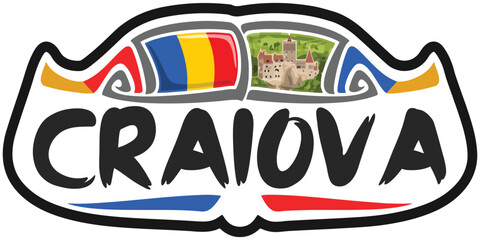 Craiova Romania Flag Travel Souvenir Sticker Skyline Landmark Logo Badge Stamp Seal Emblem EPS