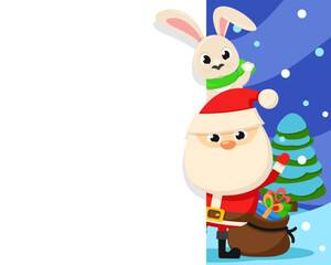 Fototapeta na wymiar Santa Claus and a hare look from behind a white background. Place for text, Christmas.